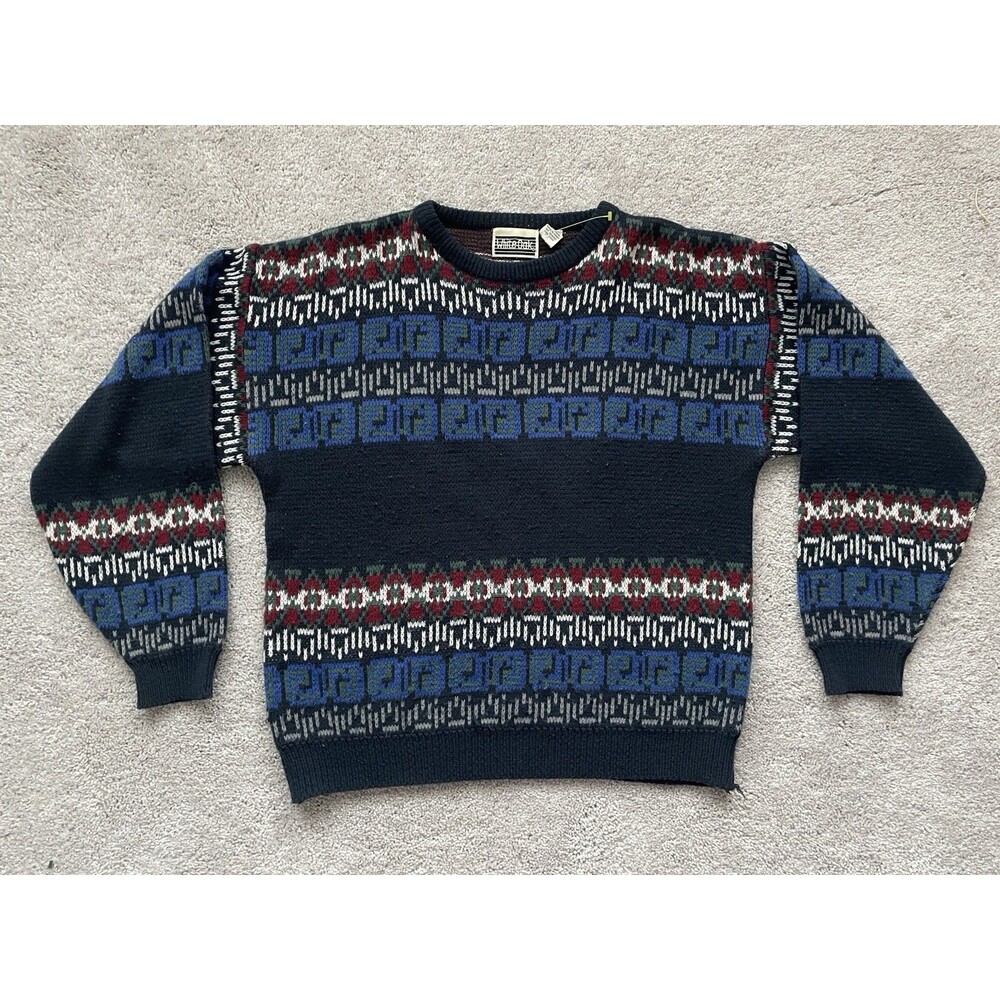 Vintage White Oak Sweater Mens Medium Blue Geometric Crewneck Knit Pullover 80s